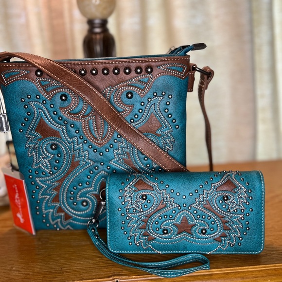 Leather and Canvas Tribal Pattern Purse with Matching Wallet